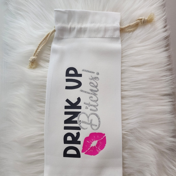 Other - Wine Bag Drink Up Bitches Drawstring Bottle Bag - White with Pink Lip